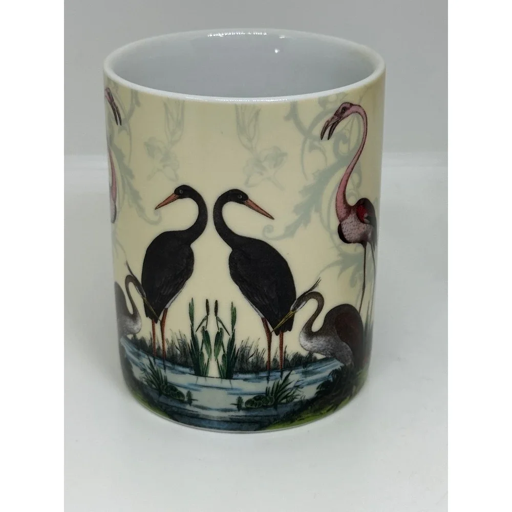 Pottery Barn Mug Set Cream Flamingo Heron Crane Bird Tropical Coastal Coffee Cup